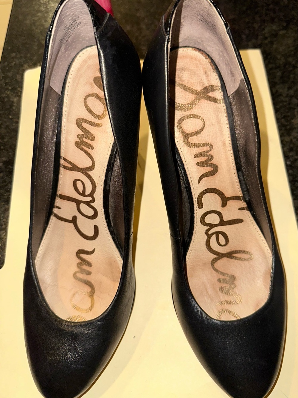 Sam Edelman Black Leather Pointed Pumps with Pink Heel Accent